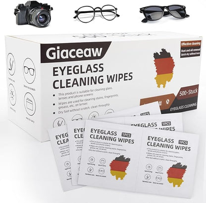 Lens Wipes for Eyeglasses (500 Count), Pre-moistened Cleaning Wipes, Non-Scratching and Streak-Free, Individually Packaged, Suitable for Cleaning Camera Lenses, Sunglasses, and Optical Equipment