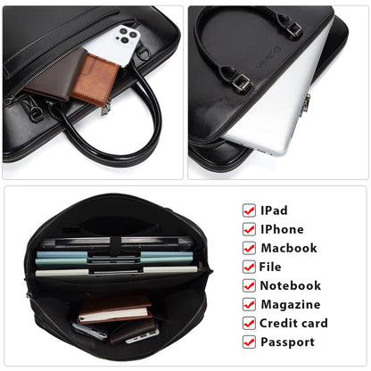 Blofinche Genuine Leather laptop Briefcase: Messenger shoulder bag 15 16 inch men macbook case women work satchel designer handbag Black