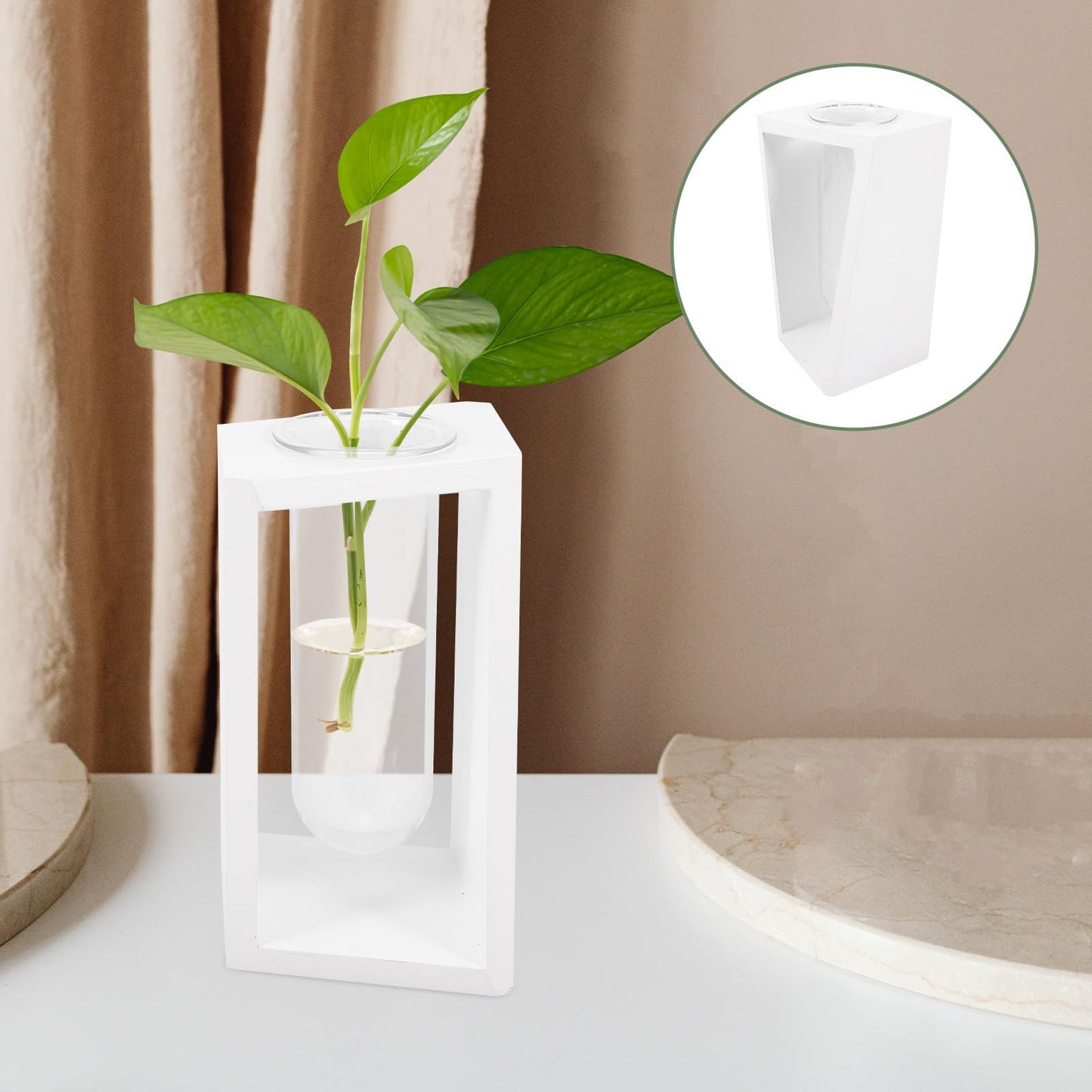 Hemobllo Nordic Style Wooden Frame Glass Propagation Vase Test Tube Planter for Indoor Hydroponic Plants White Holder Home Décor Terrarium Container
