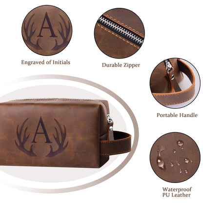 Aganmi Mens Toiletry Bag Personalized Easter Fathers Day Birthday Gifts for Men Him Initial PU Leather Waterproof Shaving Bag for Toiletries Accessories Travel Essential for Dad Husband Boyfriend (M)