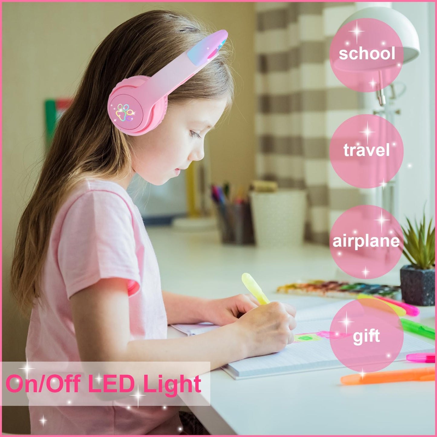 HOYJACY Cat Ear Kids Bluetooth Headphones for Girls Children Teens, LED Light Up Wireless/Wired Mode Foldable Stereo Girls Headphones with Built-in Mic for School Birthday Xmas Gift (Pink)