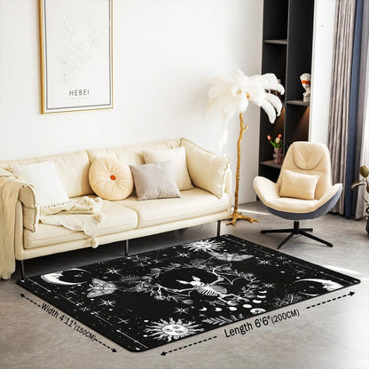 Castle Fairy Gothic Bat Area Rug 5x6'6''x0.39'' for Bedside,Halloween Skull Boho Sun Moon Home Mat for Playroom Office,Rustic Botanical Leaves Indoor Floor Area Rugs Washable Rug