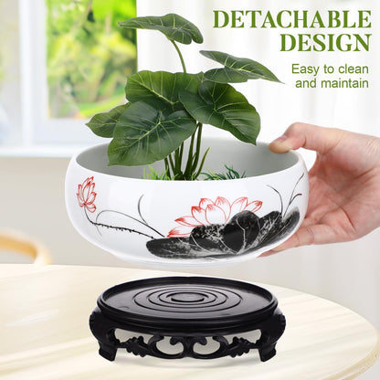 Toddmomy Hydroponic Ceramic Planter Pot with Base 7.08 Inch Round Water Lily Lotus Bowl for Indoor Outdoor Garden Decor Suitable for Water Plant Growth