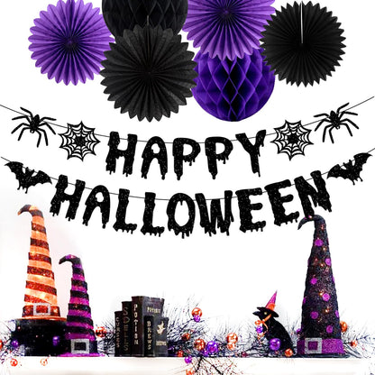 Purple Black Happy-Halloween Party Decorations - 13PCS Spider Web Bats Streamers Banner ,Paper Flowers Lanterns Tissue Pom Poms Fans, Classroom Birthday Bachelorette Hanging Supplies Decor Hugfond