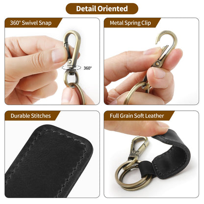 Jack&Chris Genuine Leather Car Keychain, Universal Key Fob Keychain, Leather Key Chain Holder for Men and Women, 2 Keyrings and Carabiner Clip, JC306-Black