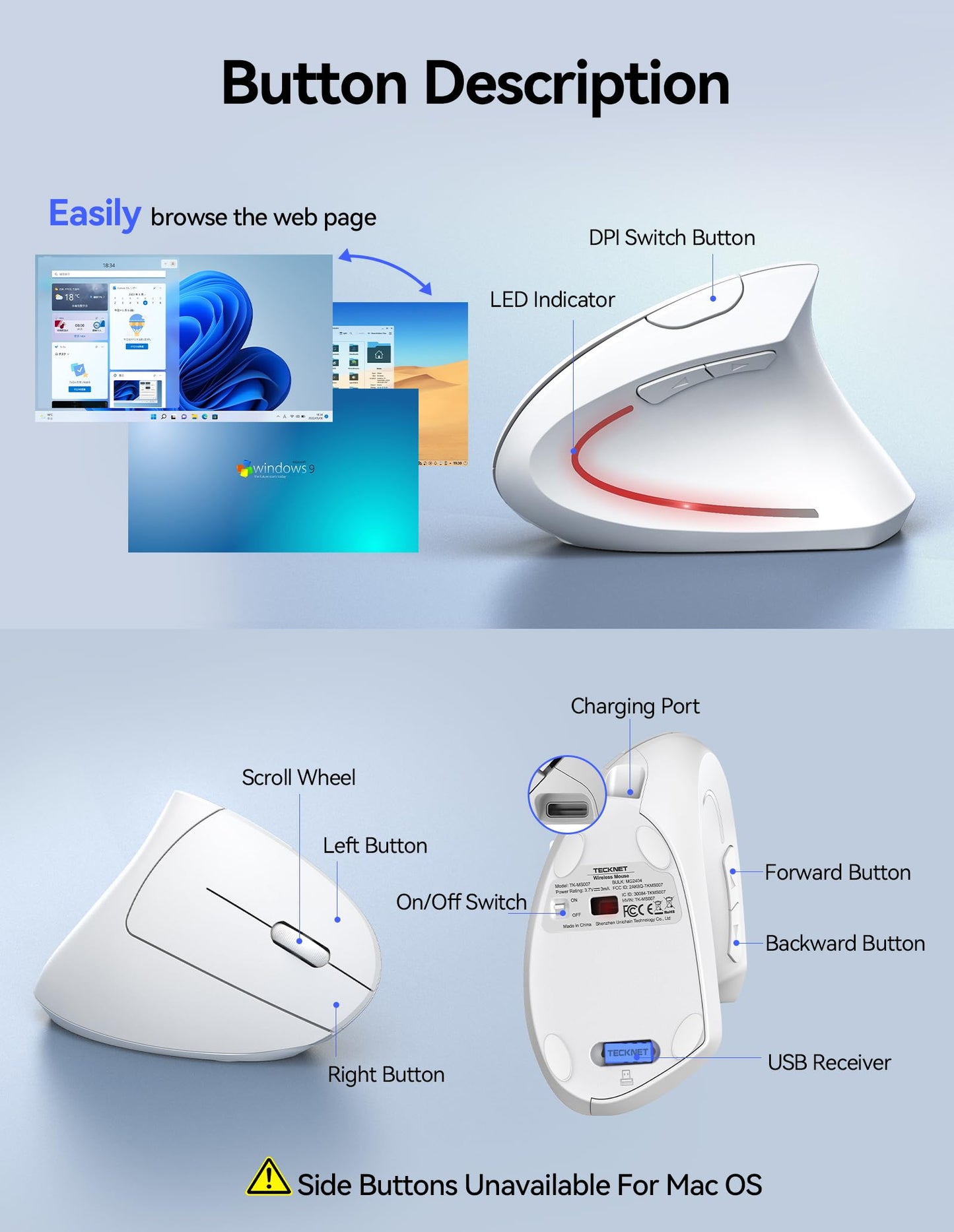 TECKNET Ergonomic Mouse, Rechargeable Vertical Ergo Mouse Wireless 800-4800 Levels 5 Adjustable DPI, Silent 2.4GHz Optical Carpal Tunnel Mouse for Right Hand, USB Wireless Mice for Laptop, PC