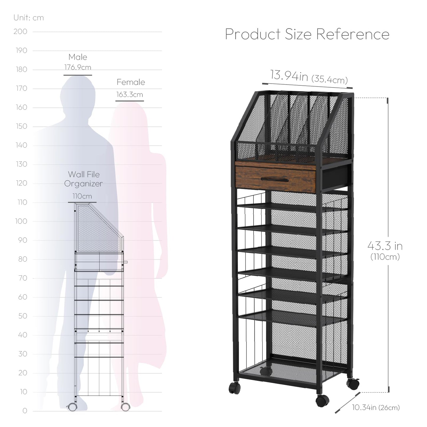 SWTYMIKI 9-Tier Rolling File Cart - Paper Organizer with Drawer and Trays, Wood Desk Office Organizer, Office Organization and Binder Storage for Workspace, Home, School, Espresso