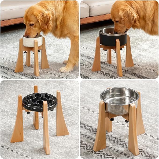 Elevated Bowl Stand Set 12-inch with Heavy Duty Beech Wood Made, Anti-Vomit Design for Medium Breed, Senior Dogs, Ergonomic Neck Protecting, Adjustable Diameter, Easy Clean Non Toxic