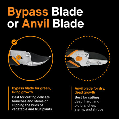 Fiskars Bypass Pruning Shears, 5/8" Cut Capacity Gardening Scissors, Self-Cleaning Sap Groove Prevents Sticking, Non-Slip Grip for Cutting Stems & Branches, Sharp Steel Blades w/ Low-Friction Coating