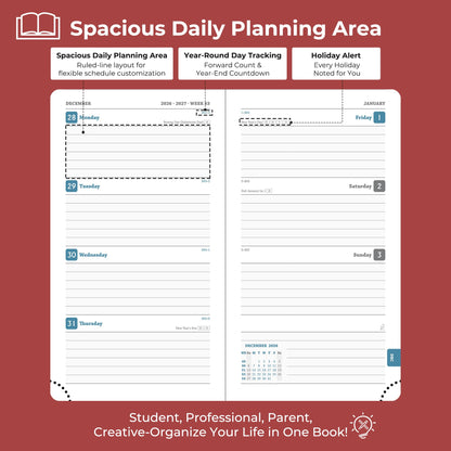 IN-LUXPRO Planner 2026-2027 Daily Weekly and Monthly,6.5"x3.75",18 Months Spiral Bound Calendar Agenda with Self-adhesive Pen Holder,2026 Academic Plan with Vegan Leather Soft Cover,Red