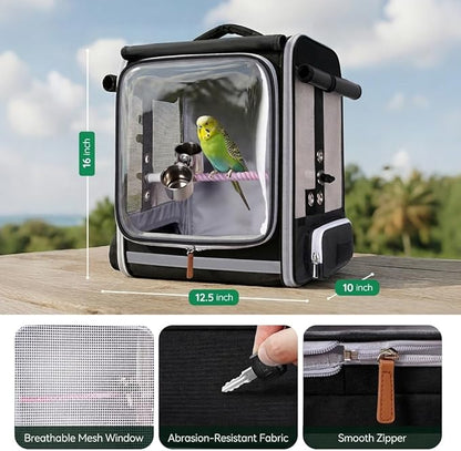 Mancro Bird Carrier Backpack for Small Birds, Cockatiel, Parrot, Bird Backpack with Tray and Standing Perch, Bird Travel Carrier Cage with Clear Window and Breathable Mesh Front for Vet Visits