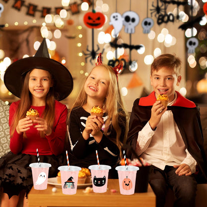 Whaline 48Pcs 12Oz Halloween Plastic Cups with Lids & Straws Ghost Pumpkin Black Cat Disposable Clear Drinking Cups for Holiday Birthday Party Supplies