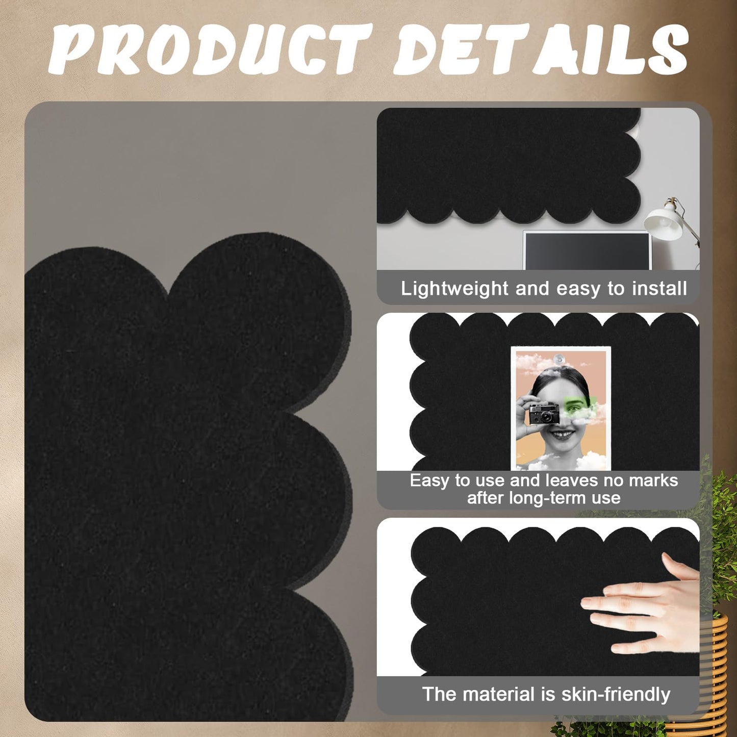 Black Scalloped Felt Bulletin Board - 36 x 24 Inches Large Felt Board Foldable Cork Board Alternative Photo Board Self-Adhesive Vision Board Decorative Pin Board for Wall