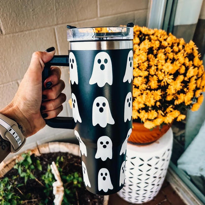 Lashicorn Ghost Boo 40 oz. Tumbler with Handle Black and White Halloween Modern Fall Cup with Lid and Straw Wrap Simply