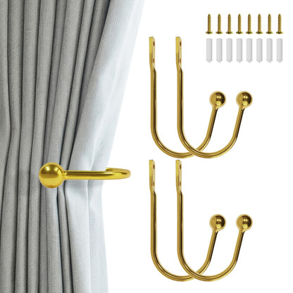 Gripebao 4 Pack Curtain Drapery Holdbacks, Curtain Pull Backs Wall Mount, Metal Tieback Hooks, Window Treatment Holdbacks, Decorative Curtain Holders for Wall, Curtain Tie Backs Side Hooks, Gold