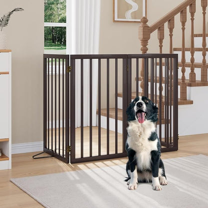 Freestanding Dog Gate Indoor 32“Tall, Foldable Dog Gates for Doorways, 4-Panel Pet Gates for Dogs with with 2 Metal Stands (74" W, Espresso)