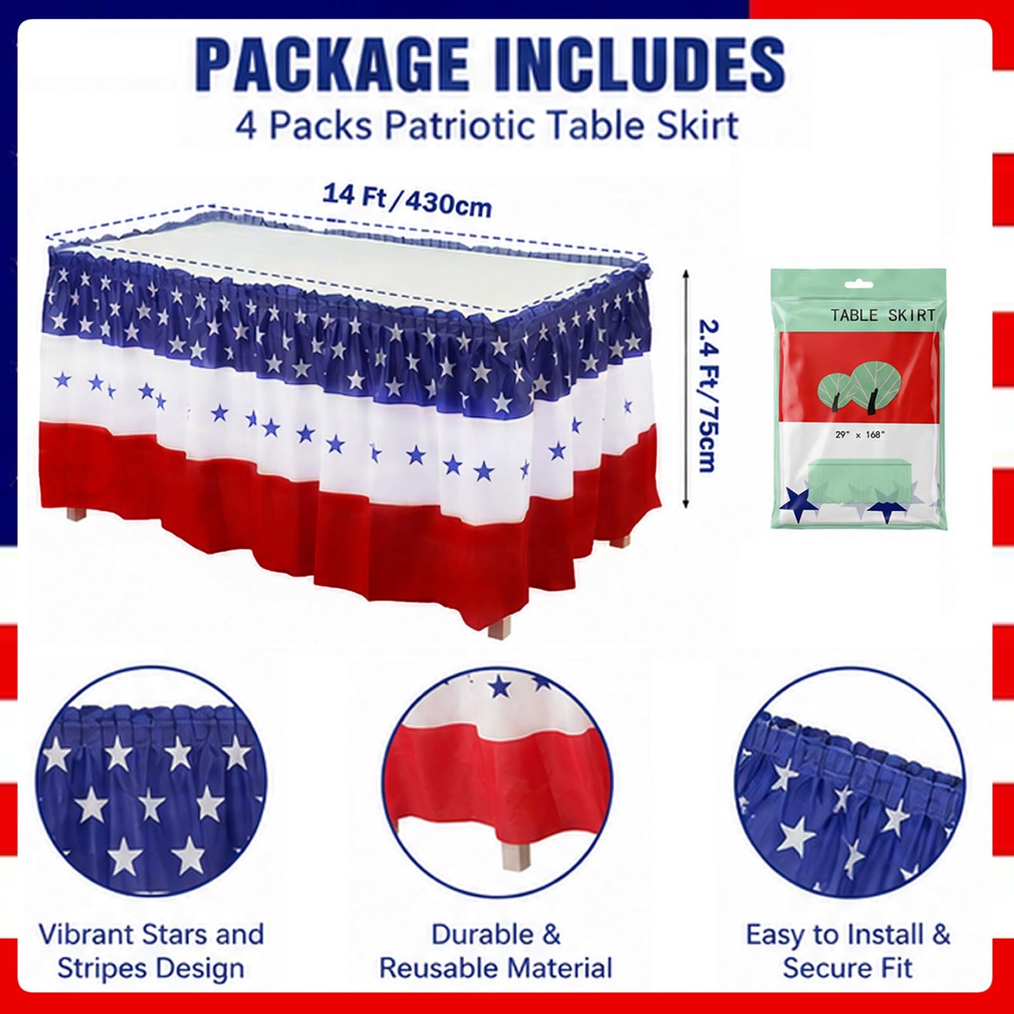 4 Pcs Patriotic 4th of July Table Skirts Disposable Plastic 2.4 x 14.3 Ft 4th of July 250th Anniversary American Star Table Skirt for Independence Day Memorial Day Party Supplies