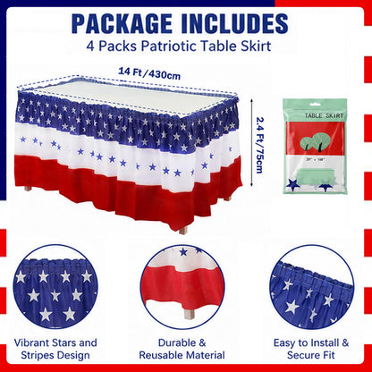 4 Pcs Patriotic 4th of July Table Skirts Disposable Plastic 2.4 x 14.3 Ft 4th of July 250th Anniversary American Star Table Skirt for Independence Day Memorial Day Party Supplies