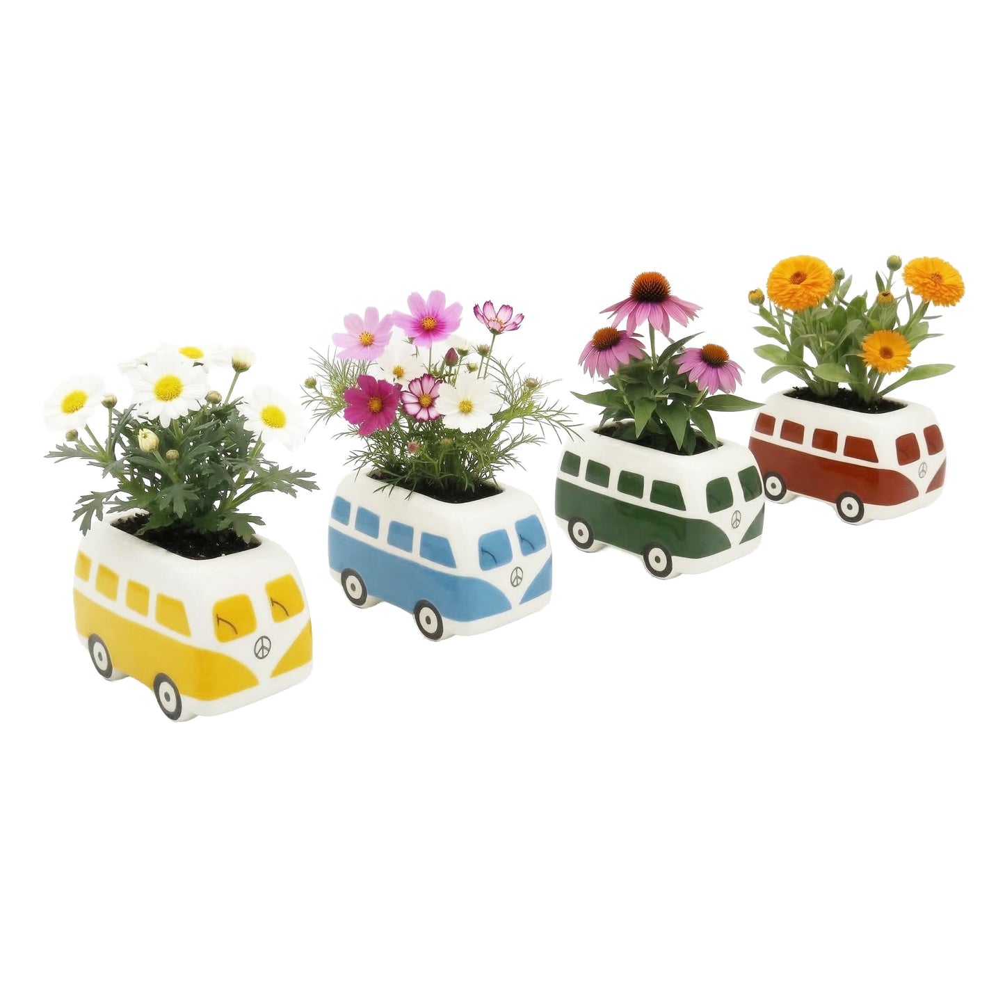 BUZZY Seeds Mini Ceramic Flower Bus Grow Kit, 4-Pack – Colorful Retro Bus Planters with Daisy, Cosmos, Calendula & Coneflower Seeds, All-in-One Seed Starter Gift Set