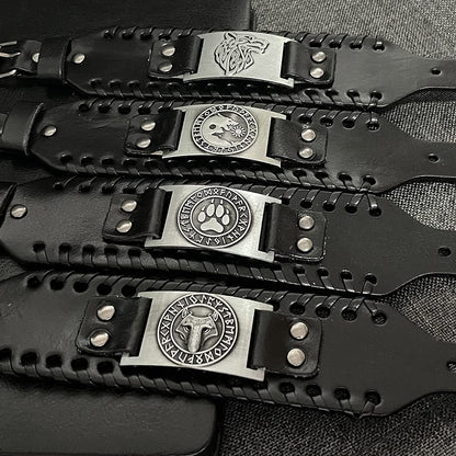 TURTLEDOVE 4 PCS Viking Leather Bracelet - Medieval Leather Cuff Wristband of Wolf Fenrir
