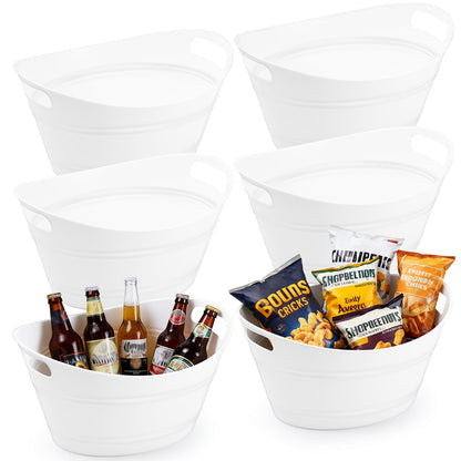 PLMMOUT 6 Pack Ice Buckets, Oval Storage Tub with Handles, Plastic Ice Drink Bucket for Parties, 4.5 Liter Beverage Storage Basket for Bar Champagne Wine Beer Beverage Bottle Cooler, White
