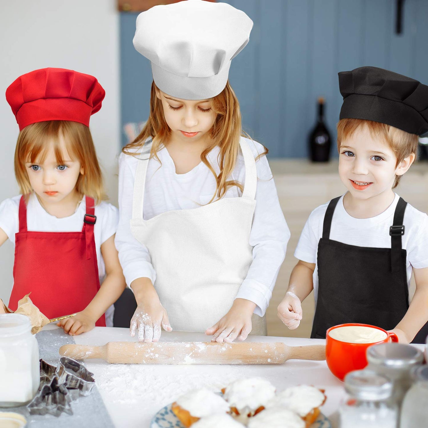 CHENGU 6 Pcs Kids Apron and Chef Hat Set Adjustable Child Apron with 2 Pockets for Boys Girls Toddler Cooking Baking Painting Kitchen, Red, Black, White(Large,Color 1)