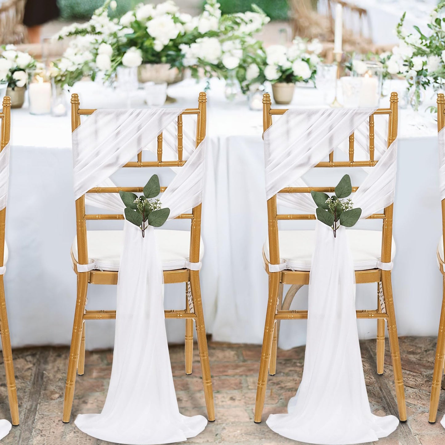 QueenDream White Chair Sashes Wedding Aisle Decorations: 24 Packs 8ft Long Draping Fabric Sheer Church Chair Cover Bulk for Party Banquet