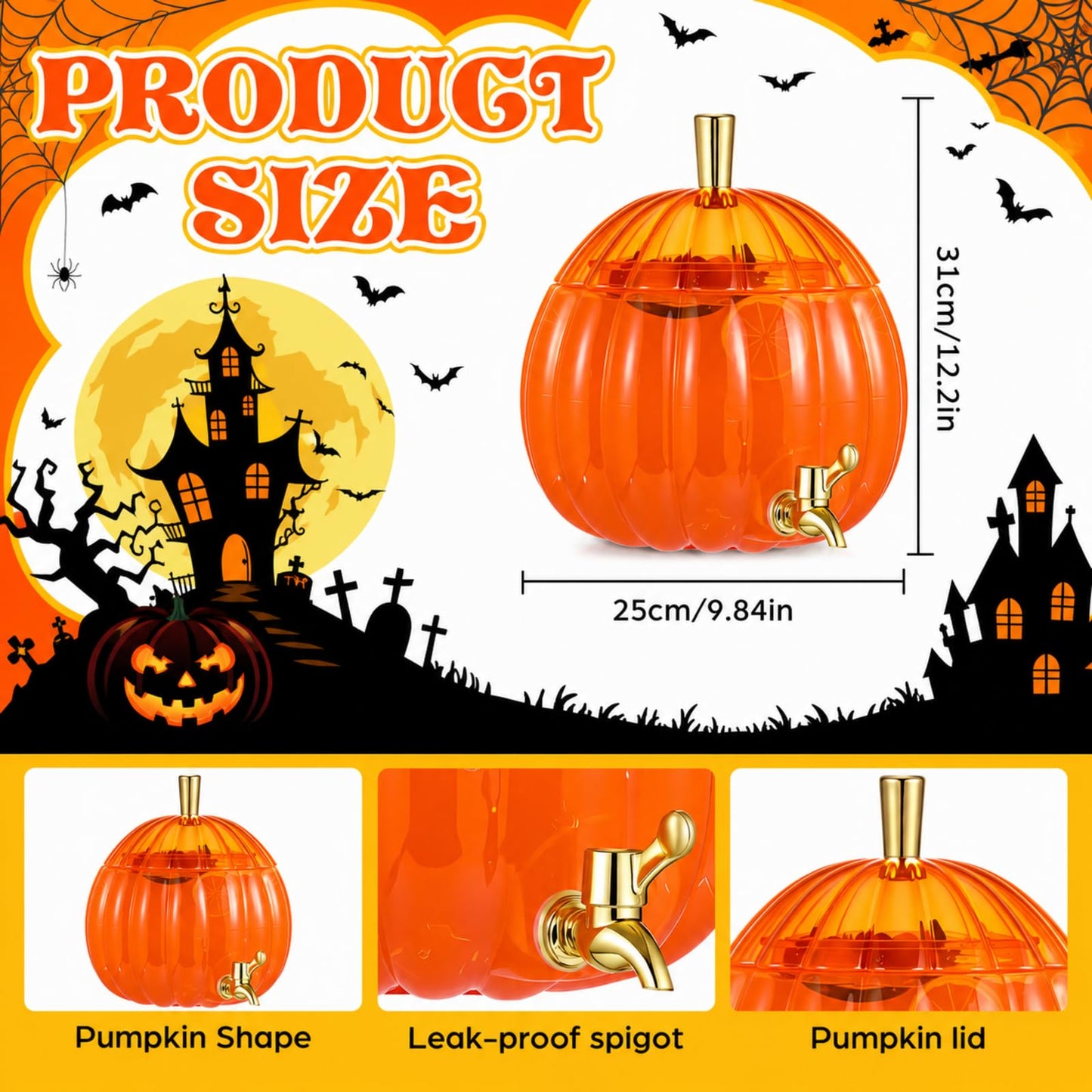 Potchen 1.3 Gallon Pumpkin Plastic Drink Dispenser Thanksgiving Drink Dispenser Fall Harvest Kitchen Decoration Beverage Water Container with Spigot for Fridge Halloween Autumn Party Supplies(Orange)