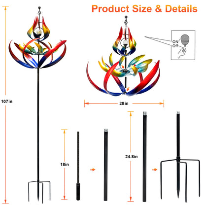 106" Solar Wind Spinners Outdoor Large Metal - Kinetic Wind Sculptures with Crackle Glass LED Globe, Heavy Duty Garden Decor for Outside Lawn Patio, Stable Stake Windmill Yard Art Gifts