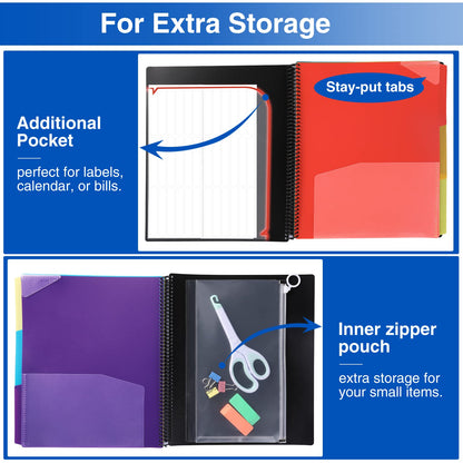 Forvencer 24 Pocket Project Organizer, 1/3-cut Tab Binder Organizer with Sticky Labels, Multi Pocket Folder with Zipper Pouch, Folder Binder Spiral Pocket Notebook, Office Supplies