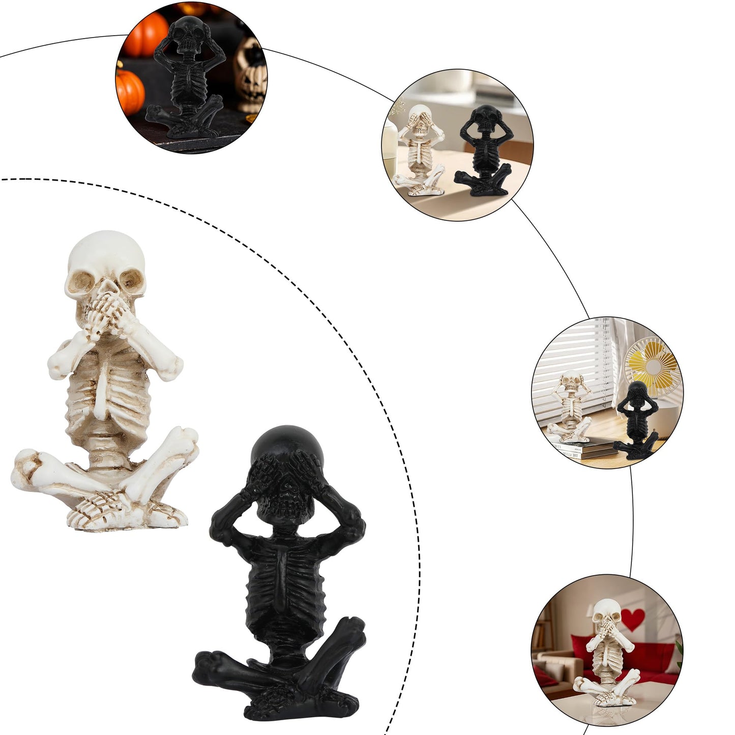 Joogour Skull Shelf Decor,Yoga Skeleton Figurine,Halloween Gothic Home Decor,Antique Silver Accent Statue,Collectible Figurines Set of 3 (White)