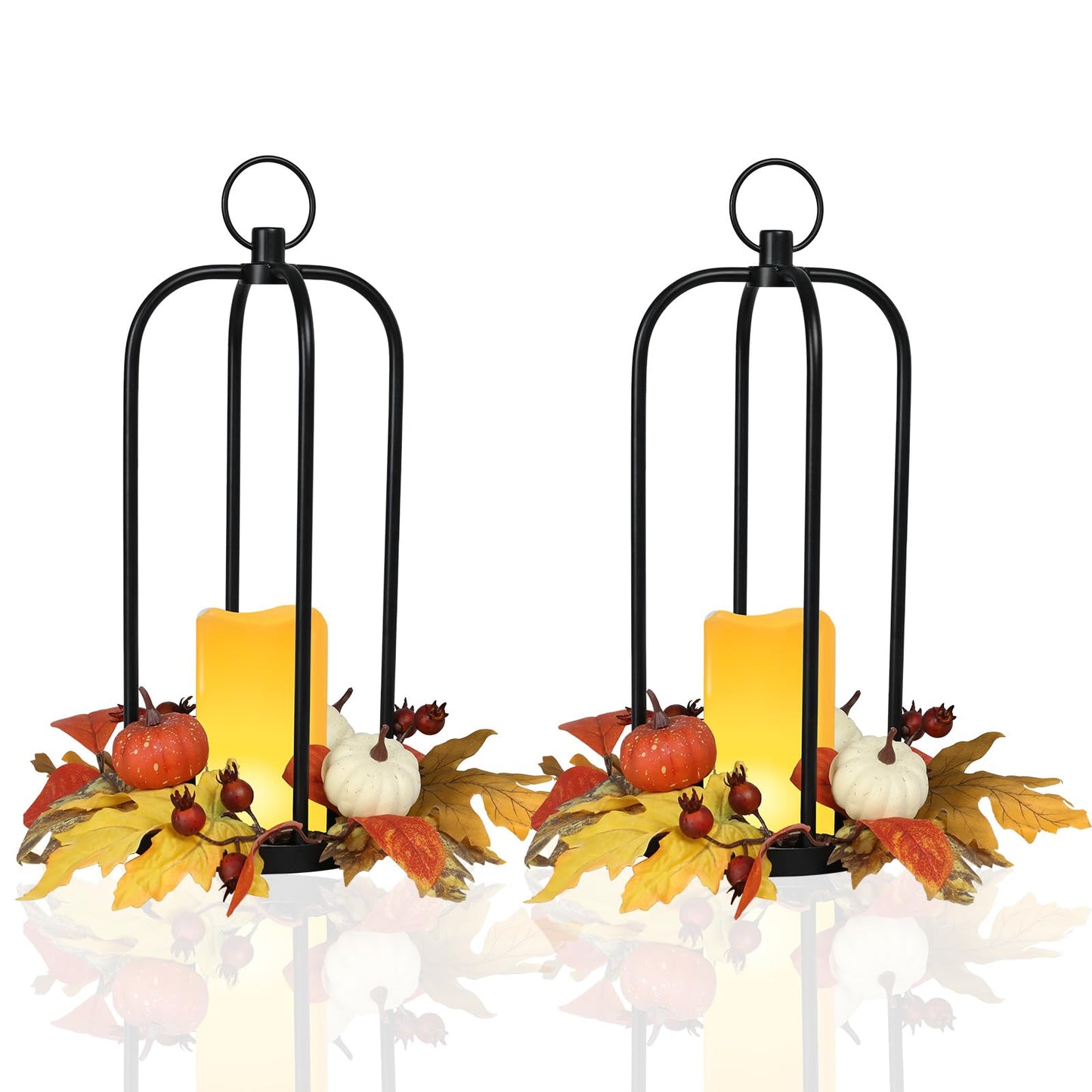 Bdor 2 Pack Fall Lantern Decor with LED Candle – 14 Inch Harvest Pumpkin Maple Leaf Hanging Lantern for Autumn Thanksgiving Table Centerpiece Indoor Outdoor Decoration, Battery Operated