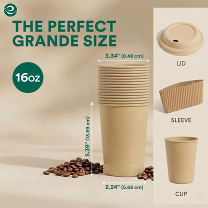 ECO SOUL 50 Pack 16 oz Disposable Coffee Cups with Lids & Sleeves Eco-Friendly, Biodegradable, Compostable, Leak-free & Sturdy To Go Hot Drink Cup for Tea, Chocolate Party Travel Cafe Office & Home