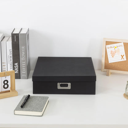 Soul & Lane Photo Storage Box with Lid, 14.8 × 13.0 × 3.7 Inches, Keepsake Memory Organizer, Cardboard Storage for Photo Albums, Scrapbooks, Artwork, Stationary, Memorabilia, Craft Supply, Black