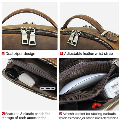 CONTACTS Full Grain Leather Tech Organizer Travel Case for Electronics Accessories Portable Cable Organizer Pouch with Handle, Storage Bag for Charger, Cables, Power Bank, Mouse