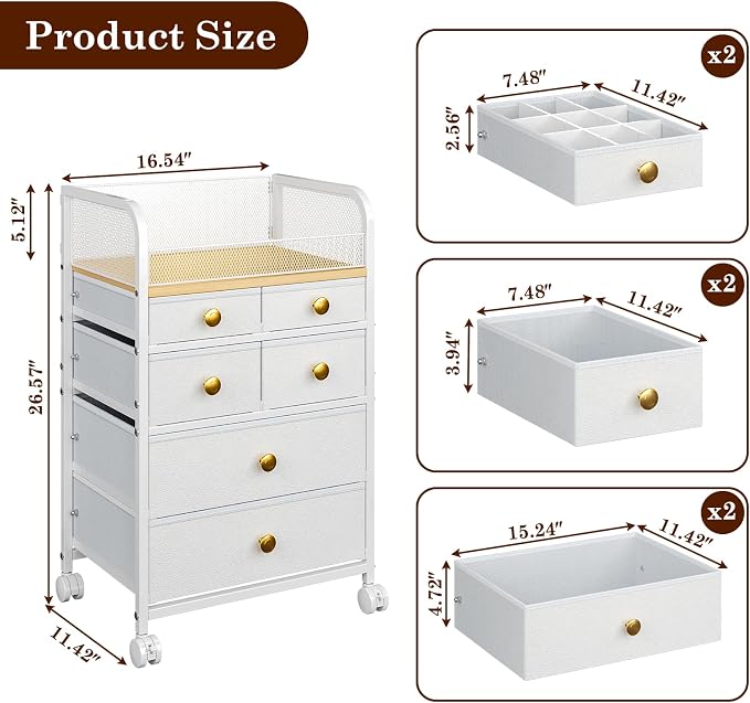 Rolling Makeup Cart Organizer with 6 Drawers, Makeup Storage with Wheels, Floor Skincare Organizers Vanity Storage Organizer Cosmetics Display Cases for Skin Care Perfume Nail Polish, White