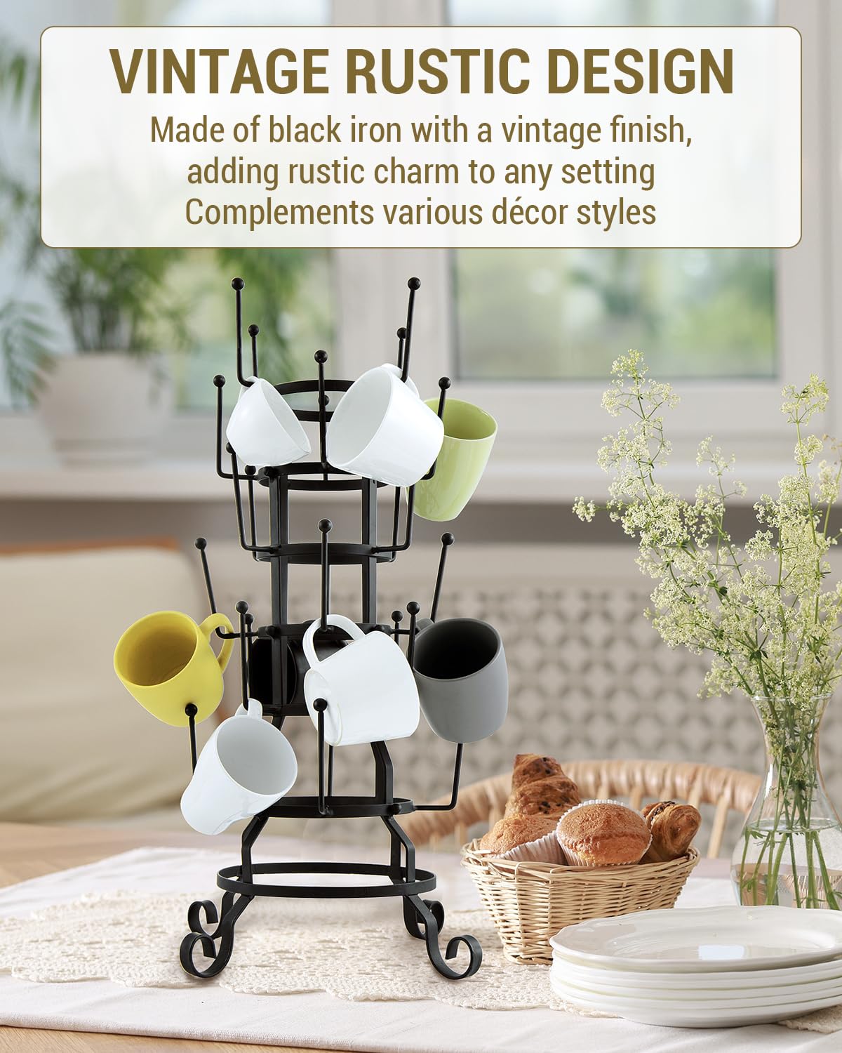 MyGift 24-Hook Rustic Black Iron Coffee Mug Holder, Tea Cup Display Stand, Drinking Glasses Baby Bottle Drying Rack Stand