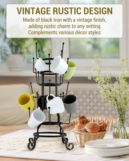 MyGift 24-Hook Rustic Black Iron Coffee Mug Holder, Tea Cup Display Stand, Drinking Glasses Baby Bottle Drying Rack Stand