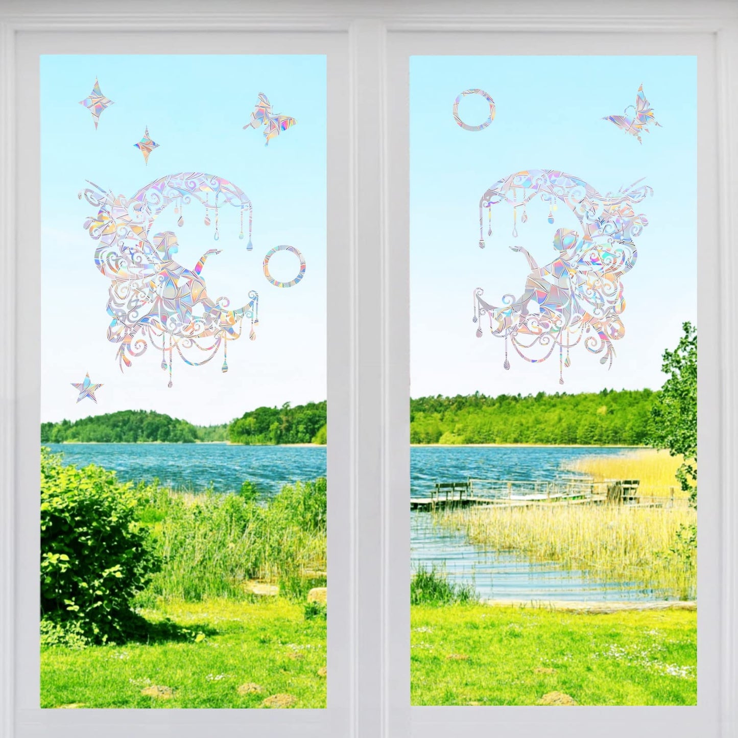 Fairy and Moon Anti-Collision Window Decals - Non-Adhesive Prismatic Rainbow Suncatcher Stickers