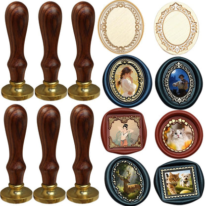 6-in-1 Vintage Embossed Frame Wax Seal Stamp Kit- Rectangle & Oval & Heart 3D Relief Photo Frame Seal Stamps with Wood Handle, Retro Sealing Wax Stamp for Wedding Invitations, Letters (6B)