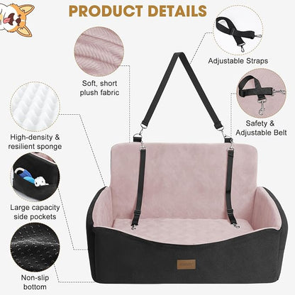 JOEJOY Dog Car Seat for Large Medium Sized Dogs Under 55 lbs, Dog Booster Seat for 2 Small Dogs with Detachable Washable Cover, Memory Foam Pet Car Seat with 2 Safety Belts and Storage Pockets
