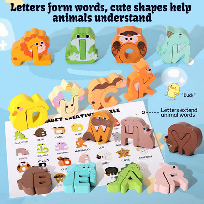 52 Pieces Matching Game, Wooden Alphabet Animal Puzzles for Toddlers, ABC Peg Puzzles for Kids Ages 3-5, Preschool Learning Activities Toys