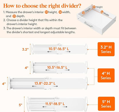 Lifewit Drawer Dividers for Clothes, 3.2" High 10.5"-16.5" Expandable Dresser Drawer Organizers, Adjustable White Plastic Separators for Kitchen, Cabinet, Nursery, Socks & Underwear Storage, 6 Pack