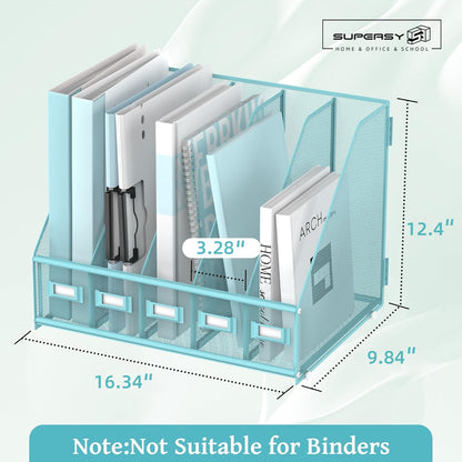 SUPEASY Desk Organizers Metal Desk Magazine File Holder with 5 Vertical Compartments Rack File Organizer for Office Desktop, Classroom, Home Workspace, Blue