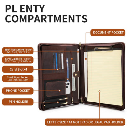 YIWEN Personalized Leather Portfolio with Handle – Zippered Front Pocket, Writing Pad Clip, Letter Size Notepad Holder, Professional Business Padfolio for Men Women (Dark Brown, Crazy Horse Leather)