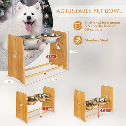 X-ZONE PET Elevated Dog Bowls for Cats and Dogs, Adjustable Bamboo Raised Dog Bowls for Large Dog, Food and Water Stand Feeder with 2 Stainless Steel Anti Slip Feet (Height 7.9" to 11.4" to 15")…