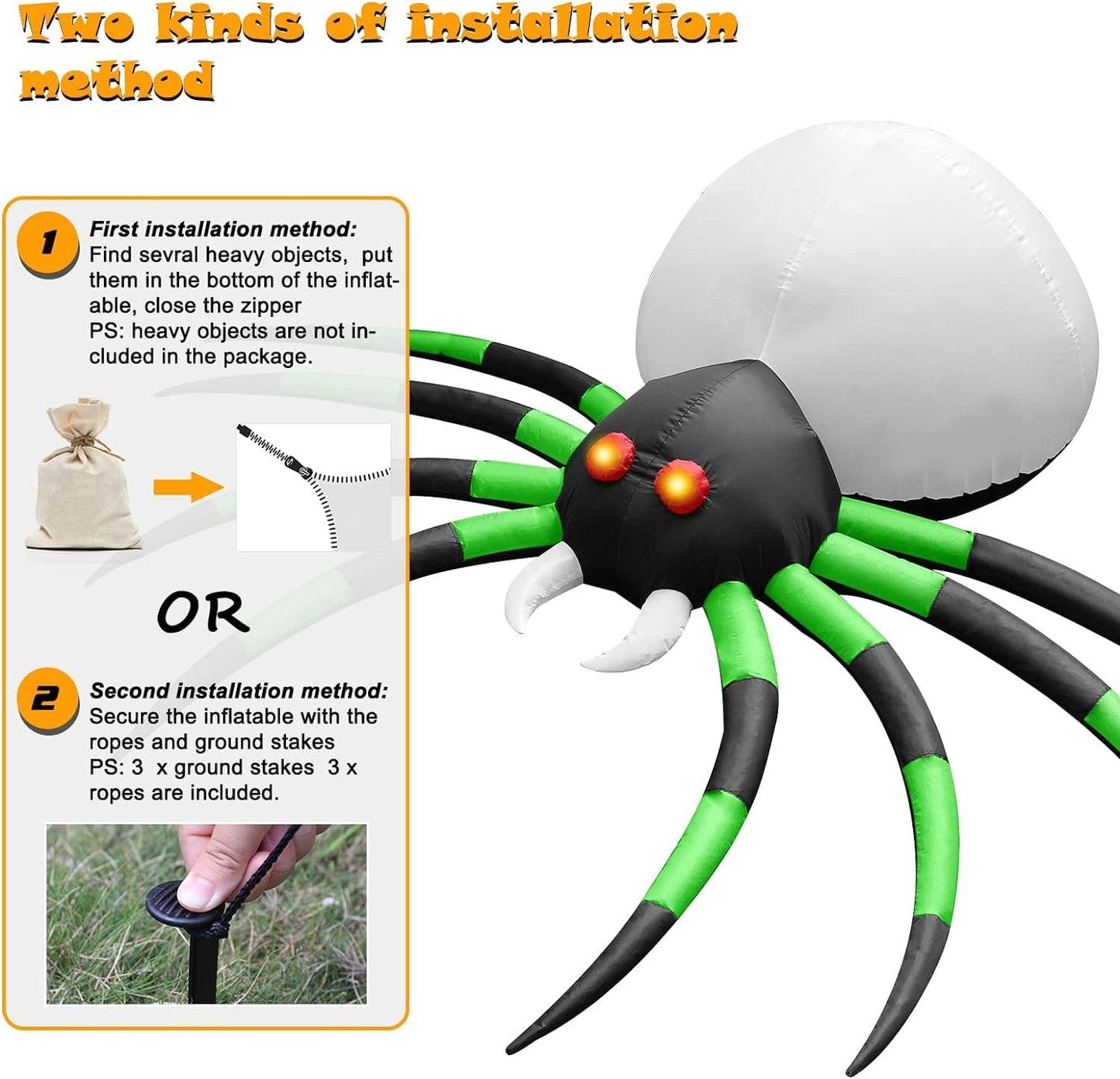 8 FT Halloween Inflatables Spider Outdoor Decorations for Yard, Giant Blow up Green Spider with Rotating Fire Flame Light, Large Spooky Spider Props for Halloween Party Garden Lawn House Holiday Decor