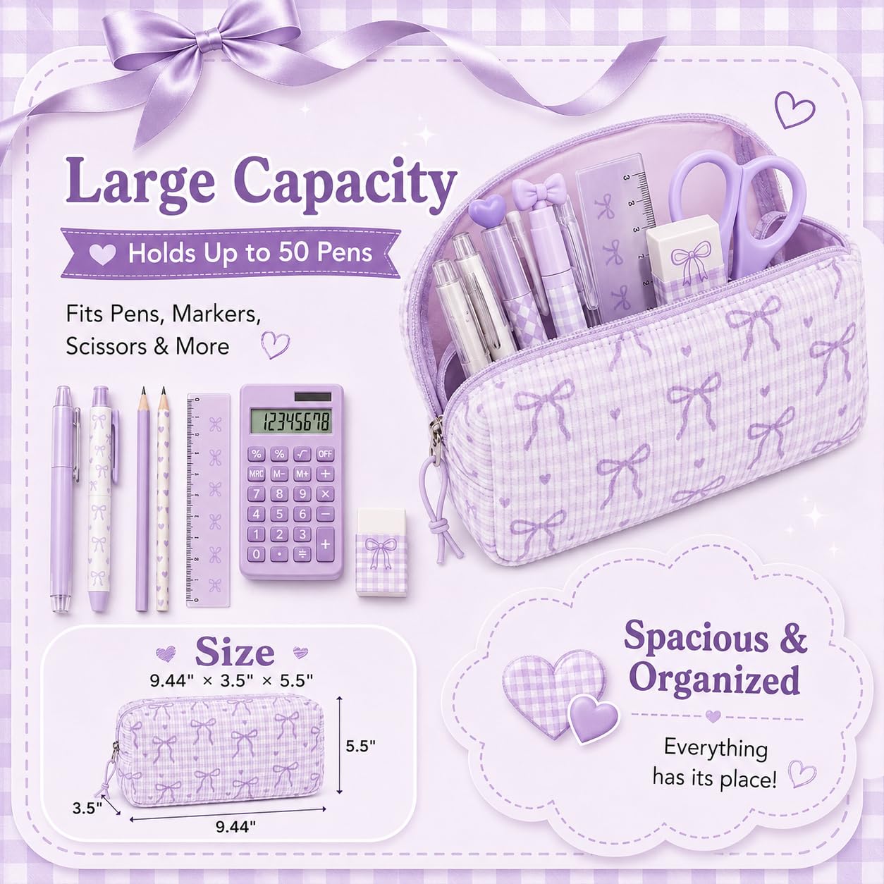LEDAOU Cute Pencil Case for Kids Girls Boys Pencil Pouch kawaii Pen Pencil Box Bag Holder for School Students (Corduroy -Bow Purple)