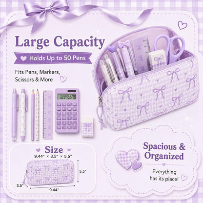 LEDAOU Cute Pencil Case for Kids Girls Boys Pencil Pouch kawaii Pen Pencil Box Bag Holder for School Students (Corduroy -Bow Purple)