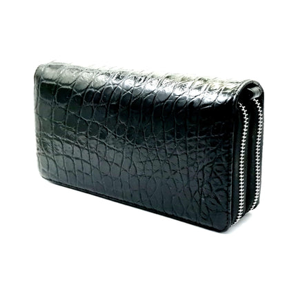 EXSOOTTI New Black Alligator Crocodile Leather Belly Soft Skin Women Double Zipper Clutch Wallet.